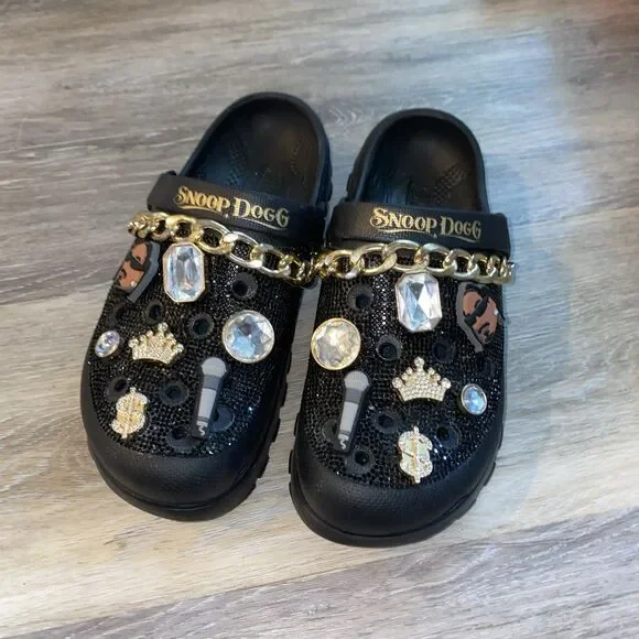Skechers x Snoop Dogg Black Bling Clogs w/ Charms & Gold Chain Slip Ons SZ 8 - Picture 2 of 9